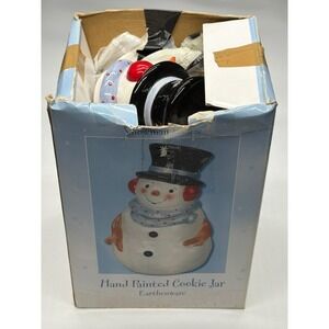 Hand Painted‎ Snowman Cookie Jar Earthenware Christmas Holiday Kitchen Decor